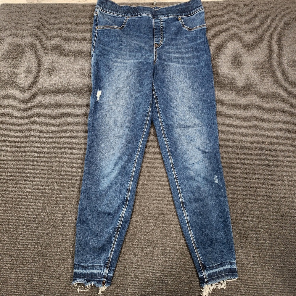 Spanx Jean-ish Leggings Women XL Blue Distressed Frayed Hem Skinny Ankle Denim